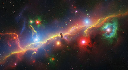 A colorful nebula showcases glowing gas, bright stars, and intricate cosmic dust structures against a dark starry background.の素材