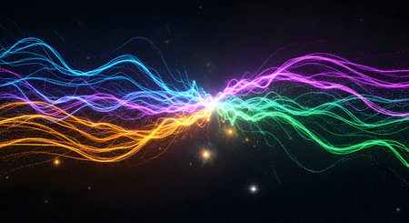 Abstract visualization of colorful, glowing energy waves in a dark, star-speckled background, creating a sense of dynamic movement and light.の素材