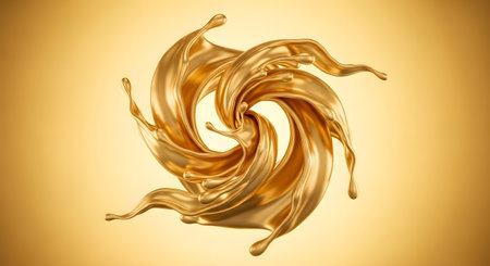 A mesmerizing golden liquid forms an elegant, dynamic swirling vortex against a warm, gradient background.の素材