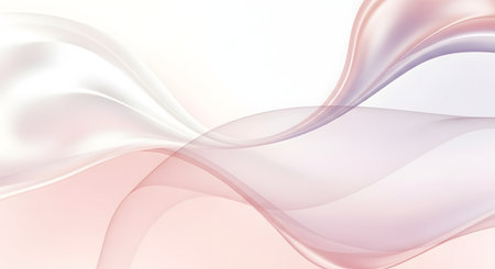 Gentle, translucent waves of pastel pink, purple, and white fabric flow across a bright white background, creating a soft, ethereal abstract design.の素材