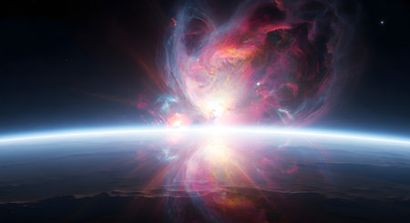 A vibrant, colorful aurora dances above the curvature of Earth, illuminated by a bright, central light source.の素材