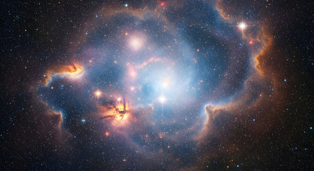 A brilliant star at the center of a vibrant nebula, illuminating surrounding gas and dust clouds with cosmic light.の素材
