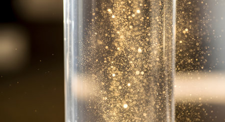 Sparkling golden glitter particles are suspended and swirling within a transparent liquid, creating a mesmerizing visual effect.の素材