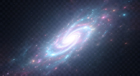 A luminous spiral galaxy dominates the dark expanse of space, its core radiating bright light, surrounded by colorful star clusters.の素材