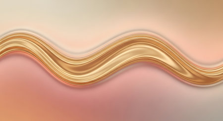 A shimmering, golden wave with textured brushstrokes flows horizontally across a soft gradient background of pink and beige.の素材