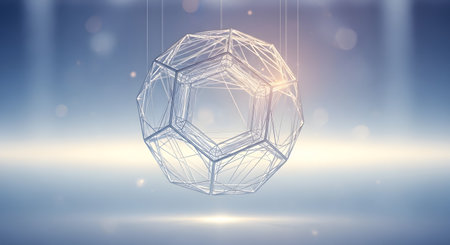 A translucent, multifaceted geometric crystal hangs suspended, illuminated by a soft, ethereal glow against a blurred, atmospheric background.の素材