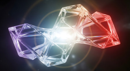 A central bright light emanates from a cluster of geometric, crystalline structures, casting rainbow hues against a dark background.の素材