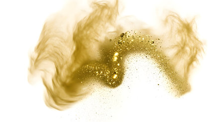 A dynamic abstract composition featuring flowing golden hues and sparkling glitter elements on a clean white backdrop.の素材