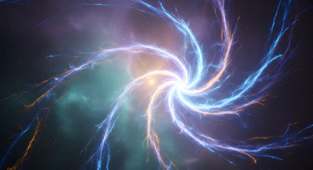 A vibrant, abstract vortex of swirling blue and purple energy against a dark, nebulous cosmic background.の素材