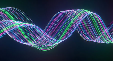 A dynamic, undulating wave of colorful light trails, showcasing a spectrum of blues, greens, and purples against a deep, dark backdrop.の素材