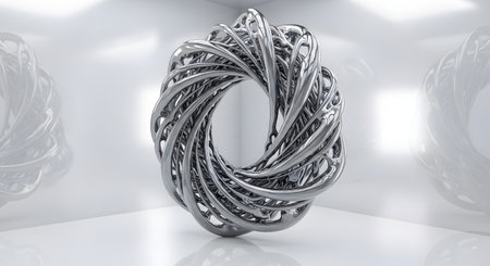 A highly detailed, metallic abstract sculpture with interwoven, organic forms, presented in a clean, minimalist studio setting.の素材