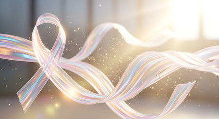 A flowing white ribbon with iridescent highlights, illuminated by warm golden light and surrounded by shimmering particles.の素材