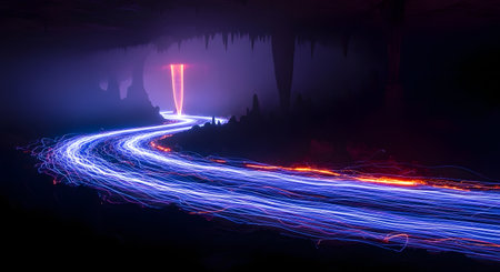 Long exposure photography captures glowing blue and orange light trails winding through a dark, misty forest with a bright portal in the distance.の素材