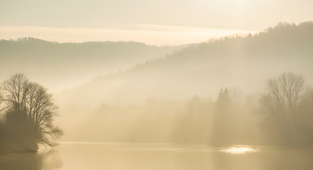 A serene, hazy morning scene with silhouetted trees and rolling hills bathed in soft, golden light.の素材
