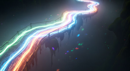 Abstract, colorful light trails in various hues of blue, green, red, and yellow create a dynamic, flowing pattern against a dark background.の素材