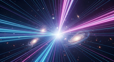 A vibrant, abstract digital artwork featuring streaks of neon blue and pink light radiating from a bright central point, suggesting speed and data flow.の素材