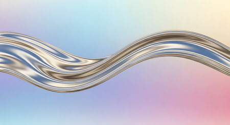 A shimmering, metallic wave flows across a pastel gradient background, reflecting light with a rainbow of colors.の素材