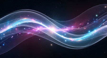 A mesmerizing abstract image featuring luminous, undulating waves of light in blue and purple hues, interspersed with sparkling particles.の素材