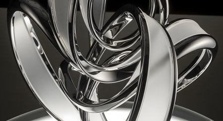 A close-up, abstract view of a highly polished, metallic sculpture with intricate, flowing, organic shapes and reflective surfaces.の素材