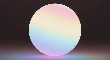 An oval shaped lamp emits a soft, diffused rainbow gradient light, casting subtle colors on the surface below.の素材