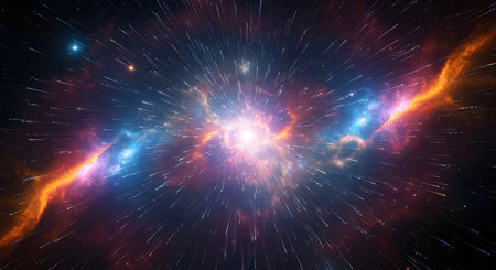 A stunning, colorful nebula bursts with light, featuring bright blue and orange energy streams against a dark, star-filled background.の素材