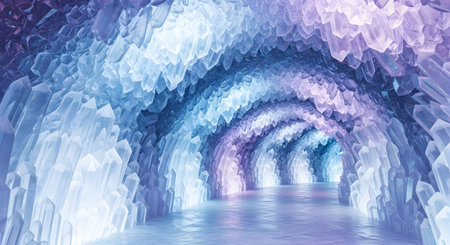 A surreal, illuminated ice cave tunnel with crystalline formations and a reflective floor, bathed in ethereal blue and purple light.の素材