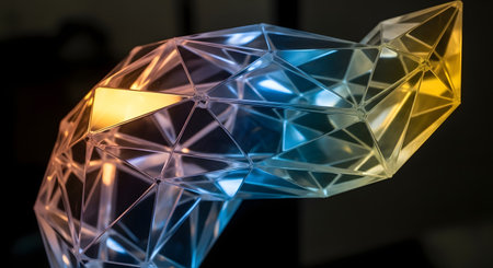 A faceted geometric sculpture glows with vibrant rainbow light, casting colorful reflections and showcasing its intricate crystalline structure.の素材