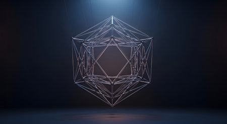 A highly detailed, multifaceted geometric crystal glows with internal light against a dark, moody background.の素材