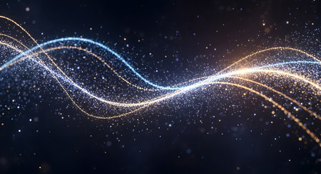 Wavy lines of light in blue and gold flow across a dark background, interspersed with numerous tiny, sparkling particles.の素材