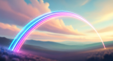 A glowing neon rainbow arcs across a pastel sky with soft clouds, above a hazy, mountainous landscape.の素材