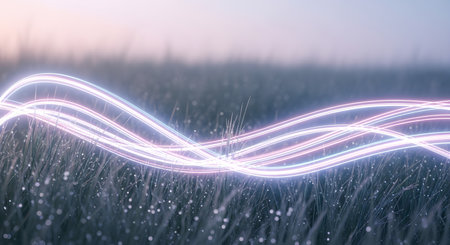 Abstract glowing light trails weave through a soft-focus field of small white flowers under a hazy sky.の素材