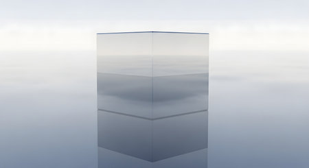 A tall, clear glass prism with sharp edges sits on a reflective surface, creating a sense of depth and light play.の素材