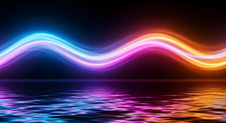 A glowing neon wave in vibrant blues, purples, and oranges shimmers and reflects on a dark, rippling water surface.の素材