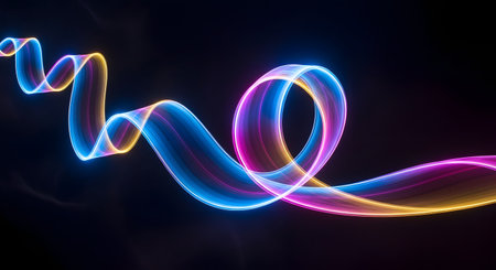 A dynamic, colorful ribbon of light twists and turns, creating a mesmerizing abstract pattern against a deep black void.の素材