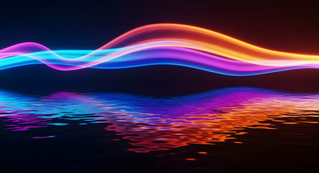 A glowing, multi-colored neon wave arcs across a dark background, its reflection shimmering on a dark, rippling water surface below.の素材