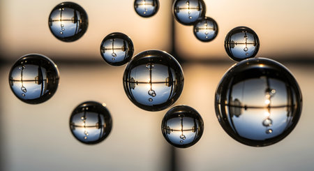 Numerous water droplets suspended in air, each acting as a tiny lens reflecting the warm colors of a sunset.の素材