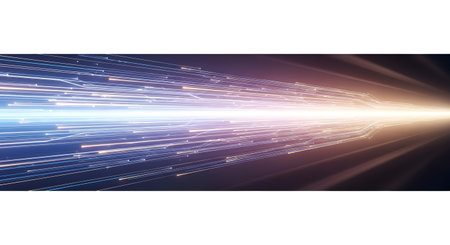 A dynamic abstract image of blue and purple light streaks converging into a bright, glowing light source on the right.の素材