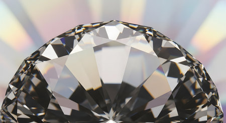 Close-up view of a large, faceted diamond showcasing its brilliant sparkle and intricate light refractions against a colorful, diffused background.の素材