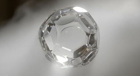A transparent, multi-faceted crystal object with internal light reflections and a smooth, polished surface, casting subtle shadows.の素材