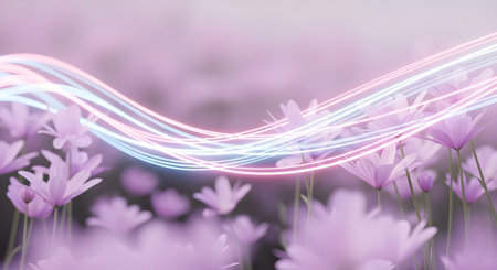 Soft pastel light trails weave through a dreamy, out-of-focus field of delicate purple flowers, evoking a sense of magic and tranquility.の素材