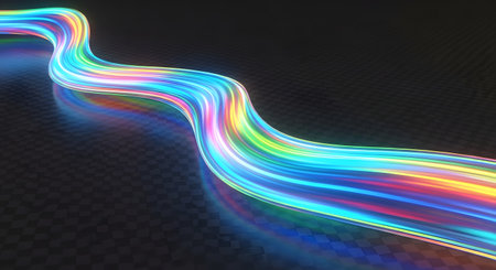 Abstract wavy lines of vibrant, glowing light in various colors flow across a dark, textured background.の素材
