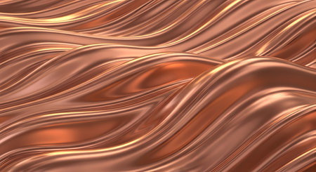 A close-up, abstract view of undulating, metallic waves with a rich copper hue and a glossy, reflective surface.の素材