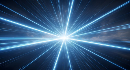 A burst of brilliant blue light emanates outwards in sharp, defined streaks against a dark background, suggesting speed or energy.の素材