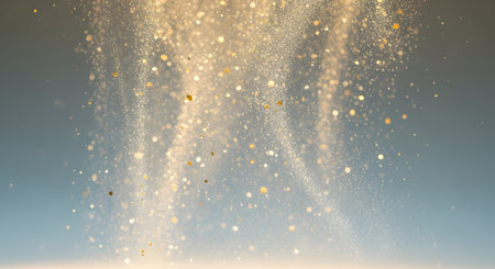 Sparkling golden glitter cascades downwards, creating a magical and ethereal atmosphere with soft, diffused light.の素材