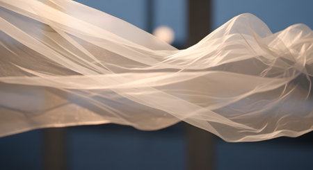 A close-up view of delicate, translucent fabric rippling and folding, illuminated by soft light, creating subtle shadows.の素材