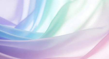 A close-up abstract view of delicate, flowing fabric with a gradient of pastel colors, creating a serene and ethereal effect.の素材
