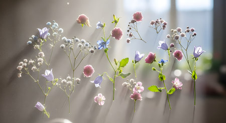 A light and airy wreath crafted from small pink and blue blossoms, baby's breath, and greenery, casting soft shadows.の素材