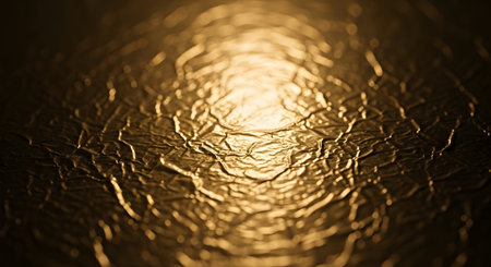 A close-up, abstract view of a crinkled, golden surface illuminated by a bright, warm light source creating a textured, ethereal glow.の素材