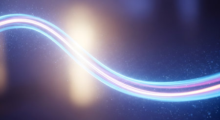 Dynamic, luminous light trails curve across a dark, textured background with subtle sparkles and bokeh effects.の素材