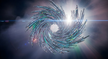 A complex, metallic vortex structure with intricate details, illuminated by a powerful central light source and surrounded by atmospheric haze.の素材